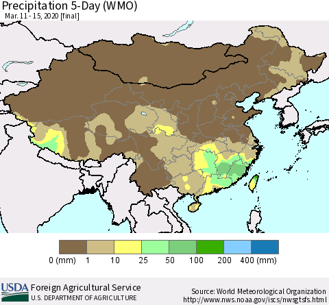 China, Mongolia and Taiwan Precipitation 5-Day (WMO) Thematic Map For 3/11/2020 - 3/15/2020