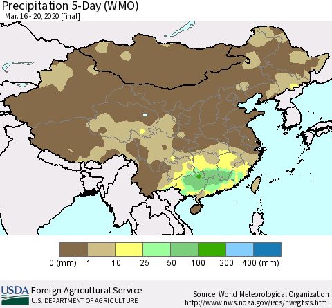 China, Mongolia and Taiwan Precipitation 5-Day (WMO) Thematic Map For 3/16/2020 - 3/20/2020