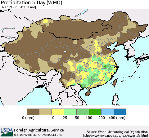 China, Mongolia and Taiwan Precipitation 5-Day (WMO) Thematic Map For 3/21/2020 - 3/25/2020