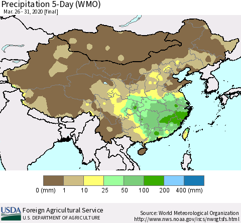 China, Mongolia and Taiwan Precipitation 5-Day (WMO) Thematic Map For 3/26/2020 - 3/31/2020