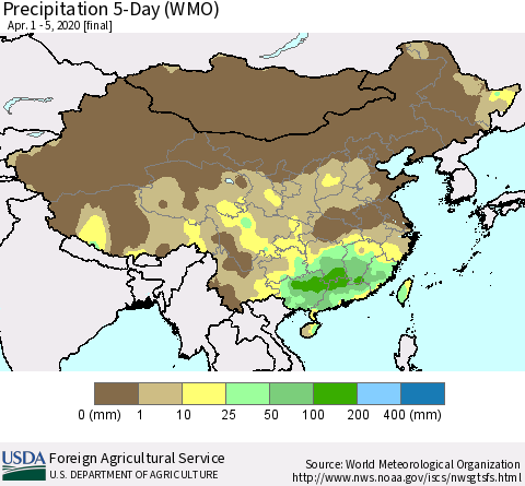 China, Mongolia and Taiwan Precipitation 5-Day (WMO) Thematic Map For 4/1/2020 - 4/5/2020