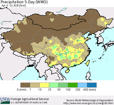 China, Mongolia and Taiwan Precipitation 5-Day (WMO) Thematic Map For 4/6/2020 - 4/10/2020