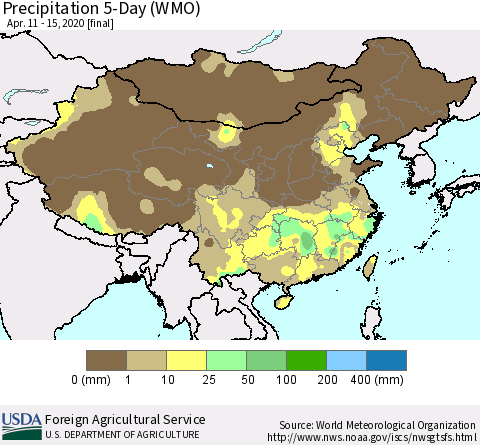 China, Mongolia and Taiwan Precipitation 5-Day (WMO) Thematic Map For 4/11/2020 - 4/15/2020