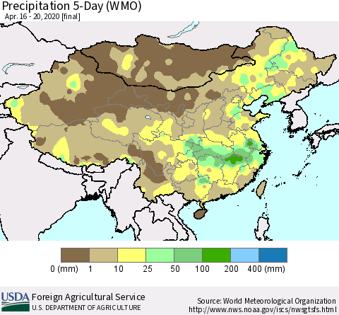 China, Mongolia and Taiwan Precipitation 5-Day (WMO) Thematic Map For 4/16/2020 - 4/20/2020