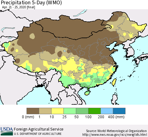 China, Mongolia and Taiwan Precipitation 5-Day (WMO) Thematic Map For 4/21/2020 - 4/25/2020