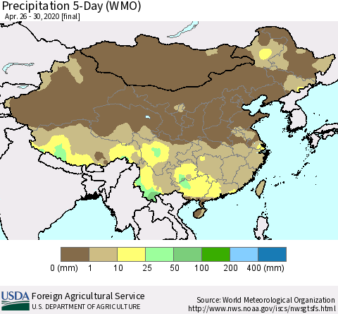 China, Mongolia and Taiwan Precipitation 5-Day (WMO) Thematic Map For 4/26/2020 - 4/30/2020