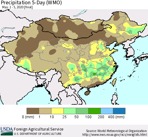 China, Mongolia and Taiwan Precipitation 5-Day (WMO) Thematic Map For 5/1/2020 - 5/5/2020