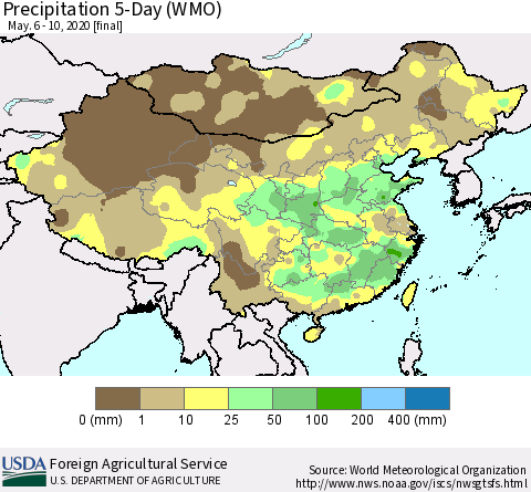 China, Mongolia and Taiwan Precipitation 5-Day (WMO) Thematic Map For 5/6/2020 - 5/10/2020