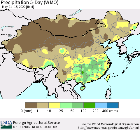 China, Mongolia and Taiwan Precipitation 5-Day (WMO) Thematic Map For 5/11/2020 - 5/15/2020