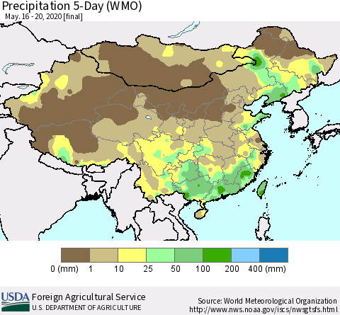 China, Mongolia and Taiwan Precipitation 5-Day (WMO) Thematic Map For 5/16/2020 - 5/20/2020