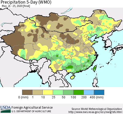China, Mongolia and Taiwan Precipitation 5-Day (WMO) Thematic Map For 5/21/2020 - 5/25/2020