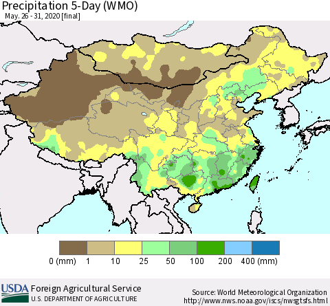 China, Mongolia and Taiwan Precipitation 5-Day (WMO) Thematic Map For 5/26/2020 - 5/31/2020