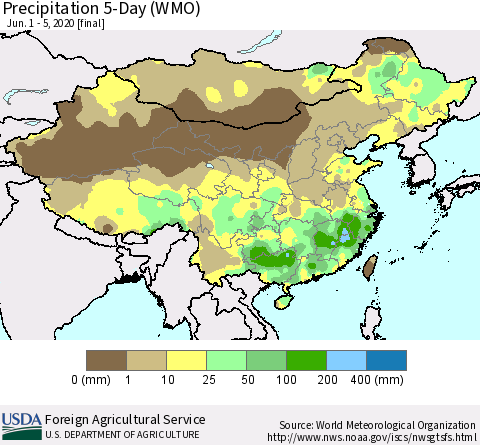 China, Mongolia and Taiwan Precipitation 5-Day (WMO) Thematic Map For 6/1/2020 - 6/5/2020