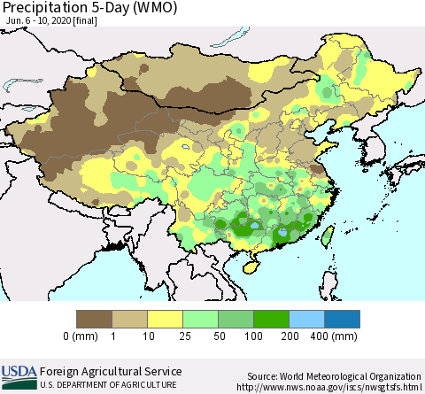 China, Mongolia and Taiwan Precipitation 5-Day (WMO) Thematic Map For 6/6/2020 - 6/10/2020