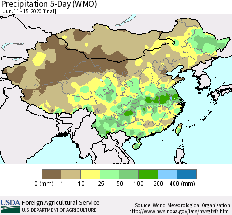 China, Mongolia and Taiwan Precipitation 5-Day (WMO) Thematic Map For 6/11/2020 - 6/15/2020