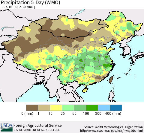 China, Mongolia and Taiwan Precipitation 5-Day (WMO) Thematic Map For 6/16/2020 - 6/20/2020