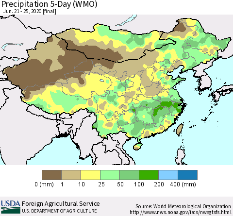 China, Mongolia and Taiwan Precipitation 5-Day (WMO) Thematic Map For 6/21/2020 - 6/25/2020