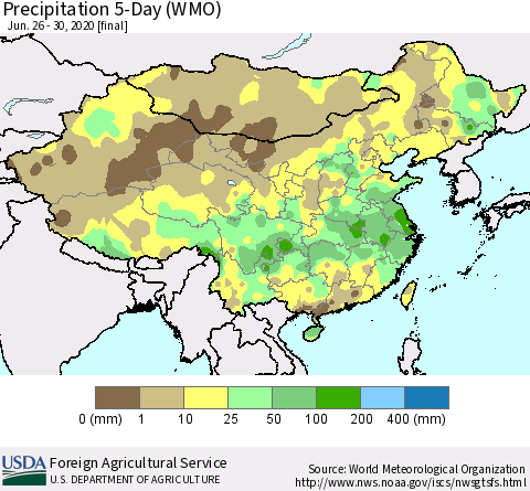 China, Mongolia and Taiwan Precipitation 5-Day (WMO) Thematic Map For 6/26/2020 - 6/30/2020