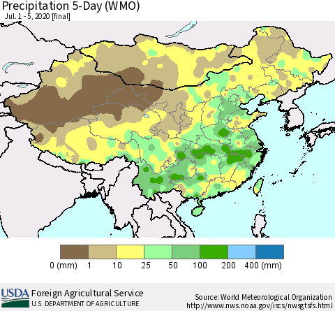 China, Mongolia and Taiwan Precipitation 5-Day (WMO) Thematic Map For 7/1/2020 - 7/5/2020