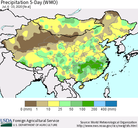 China, Mongolia and Taiwan Precipitation 5-Day (WMO) Thematic Map For 7/6/2020 - 7/10/2020