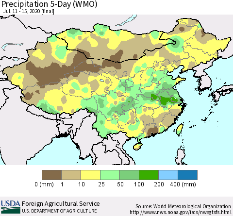 China, Mongolia and Taiwan Precipitation 5-Day (WMO) Thematic Map For 7/11/2020 - 7/15/2020