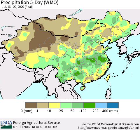 China, Mongolia and Taiwan Precipitation 5-Day (WMO) Thematic Map For 7/16/2020 - 7/20/2020