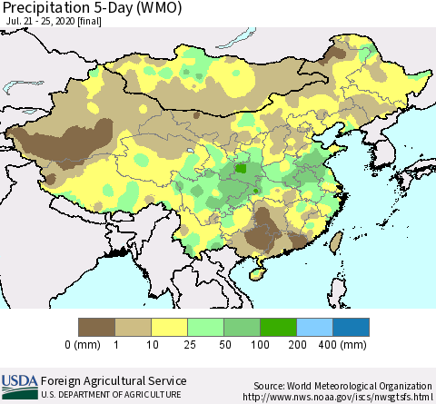 China, Mongolia and Taiwan Precipitation 5-Day (WMO) Thematic Map For 7/21/2020 - 7/25/2020