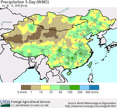 China, Mongolia and Taiwan Precipitation 5-Day (WMO) Thematic Map For 7/26/2020 - 7/31/2020