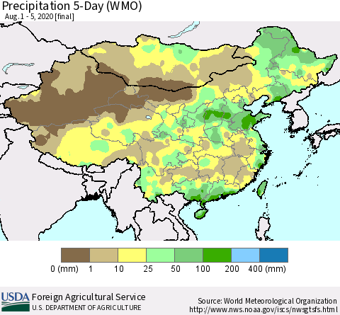 China, Mongolia and Taiwan Precipitation 5-Day (WMO) Thematic Map For 8/1/2020 - 8/5/2020