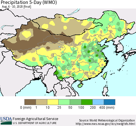 China, Mongolia and Taiwan Precipitation 5-Day (WMO) Thematic Map For 8/6/2020 - 8/10/2020