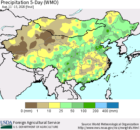 China, Mongolia and Taiwan Precipitation 5-Day (WMO) Thematic Map For 8/11/2020 - 8/15/2020