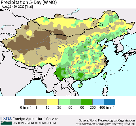 China, Mongolia and Taiwan Precipitation 5-Day (WMO) Thematic Map For 8/16/2020 - 8/20/2020