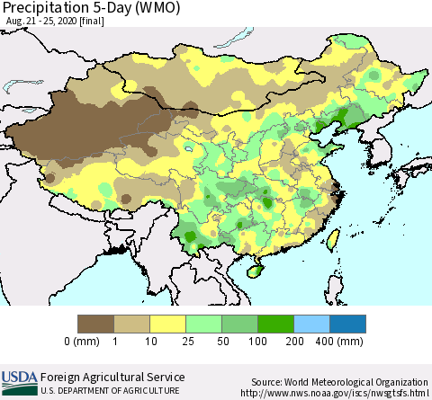 China, Mongolia and Taiwan Precipitation 5-Day (WMO) Thematic Map For 8/21/2020 - 8/25/2020
