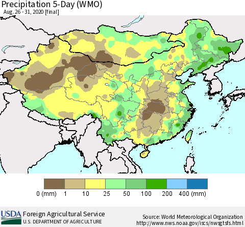 China, Mongolia and Taiwan Precipitation 5-Day (WMO) Thematic Map For 8/26/2020 - 8/31/2020