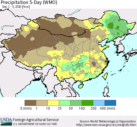 China, Mongolia and Taiwan Precipitation 5-Day (WMO) Thematic Map For 9/1/2020 - 9/5/2020