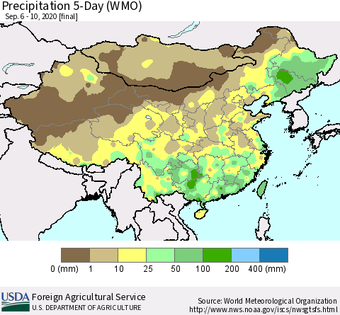 China, Mongolia and Taiwan Precipitation 5-Day (WMO) Thematic Map For 9/6/2020 - 9/10/2020