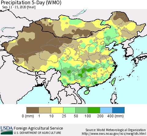 China, Mongolia and Taiwan Precipitation 5-Day (WMO) Thematic Map For 9/11/2020 - 9/15/2020