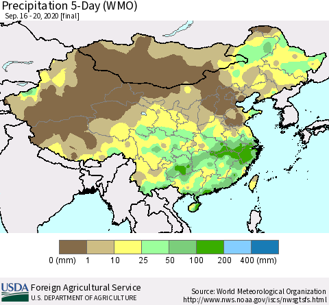 China, Mongolia and Taiwan Precipitation 5-Day (WMO) Thematic Map For 9/16/2020 - 9/20/2020
