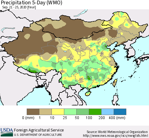 China, Mongolia and Taiwan Precipitation 5-Day (WMO) Thematic Map For 9/21/2020 - 9/25/2020