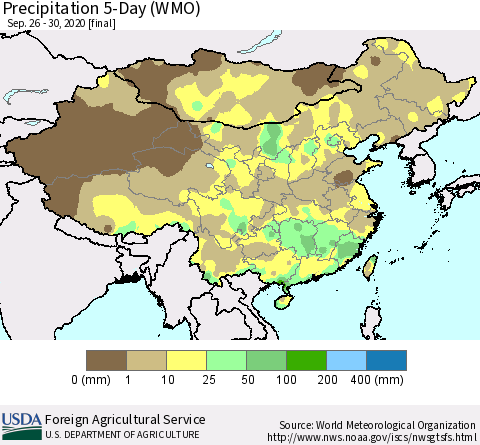 China, Mongolia and Taiwan Precipitation 5-Day (WMO) Thematic Map For 9/26/2020 - 9/30/2020