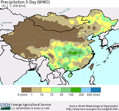 China, Mongolia and Taiwan Precipitation 5-Day (WMO) Thematic Map For 10/1/2020 - 10/5/2020
