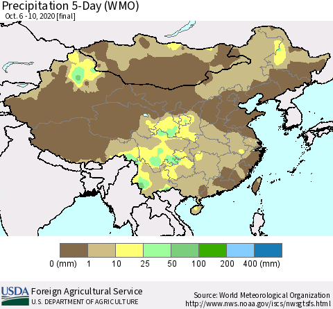 China, Mongolia and Taiwan Precipitation 5-Day (WMO) Thematic Map For 10/6/2020 - 10/10/2020