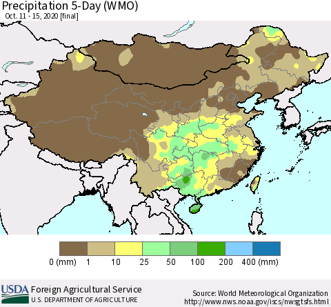 China, Mongolia and Taiwan Precipitation 5-Day (WMO) Thematic Map For 10/11/2020 - 10/15/2020