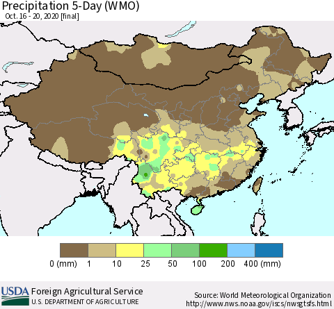 China, Mongolia and Taiwan Precipitation 5-Day (WMO) Thematic Map For 10/16/2020 - 10/20/2020