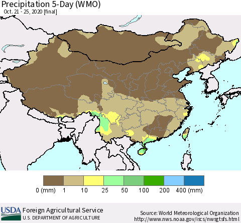 China, Mongolia and Taiwan Precipitation 5-Day (WMO) Thematic Map For 10/21/2020 - 10/25/2020