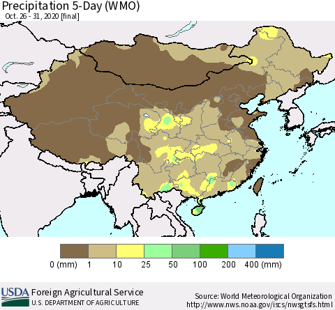 China, Mongolia and Taiwan Precipitation 5-Day (WMO) Thematic Map For 10/26/2020 - 10/31/2020