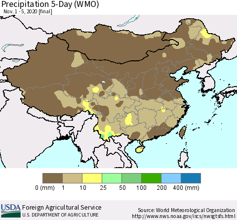 China, Mongolia and Taiwan Precipitation 5-Day (WMO) Thematic Map For 11/1/2020 - 11/5/2020