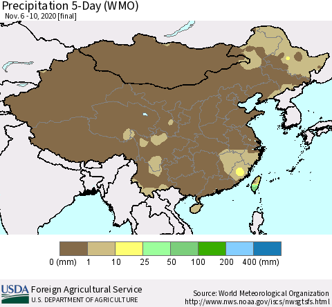 China, Mongolia and Taiwan Precipitation 5-Day (WMO) Thematic Map For 11/6/2020 - 11/10/2020
