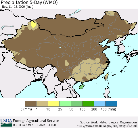 China, Mongolia and Taiwan Precipitation 5-Day (WMO) Thematic Map For 11/11/2020 - 11/15/2020