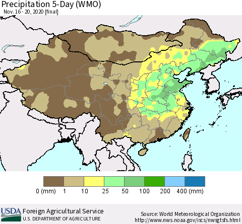 China, Mongolia and Taiwan Precipitation 5-Day (WMO) Thematic Map For 11/16/2020 - 11/20/2020